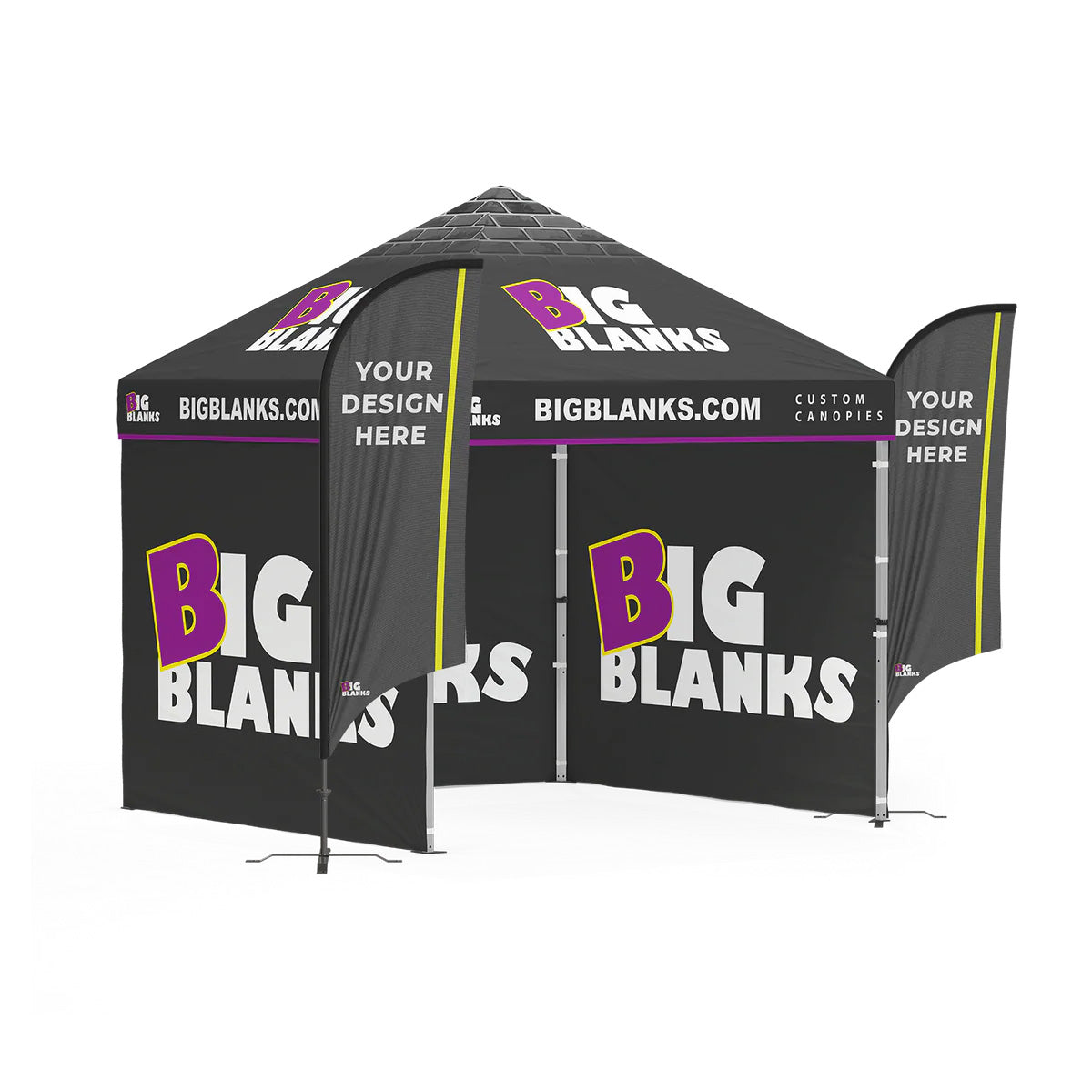 10' x 10' Custom Canopy: 3 Full Walls w/ Feather Flags
