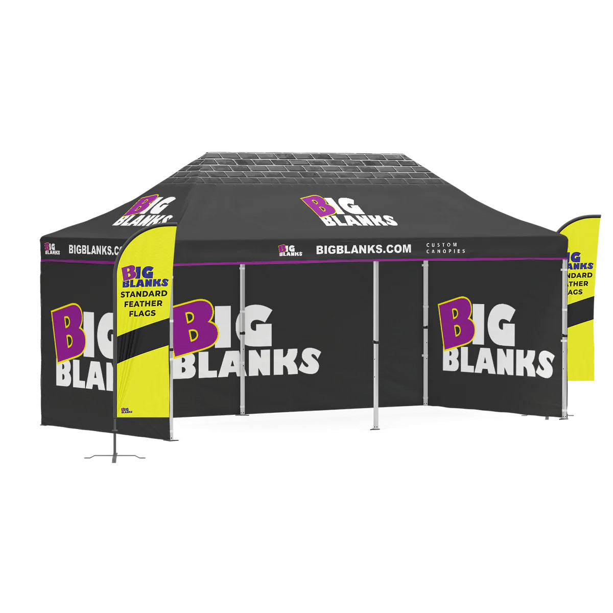 10' x 20' Custom Canopy: 3 Full Walls w/ Feather Flags