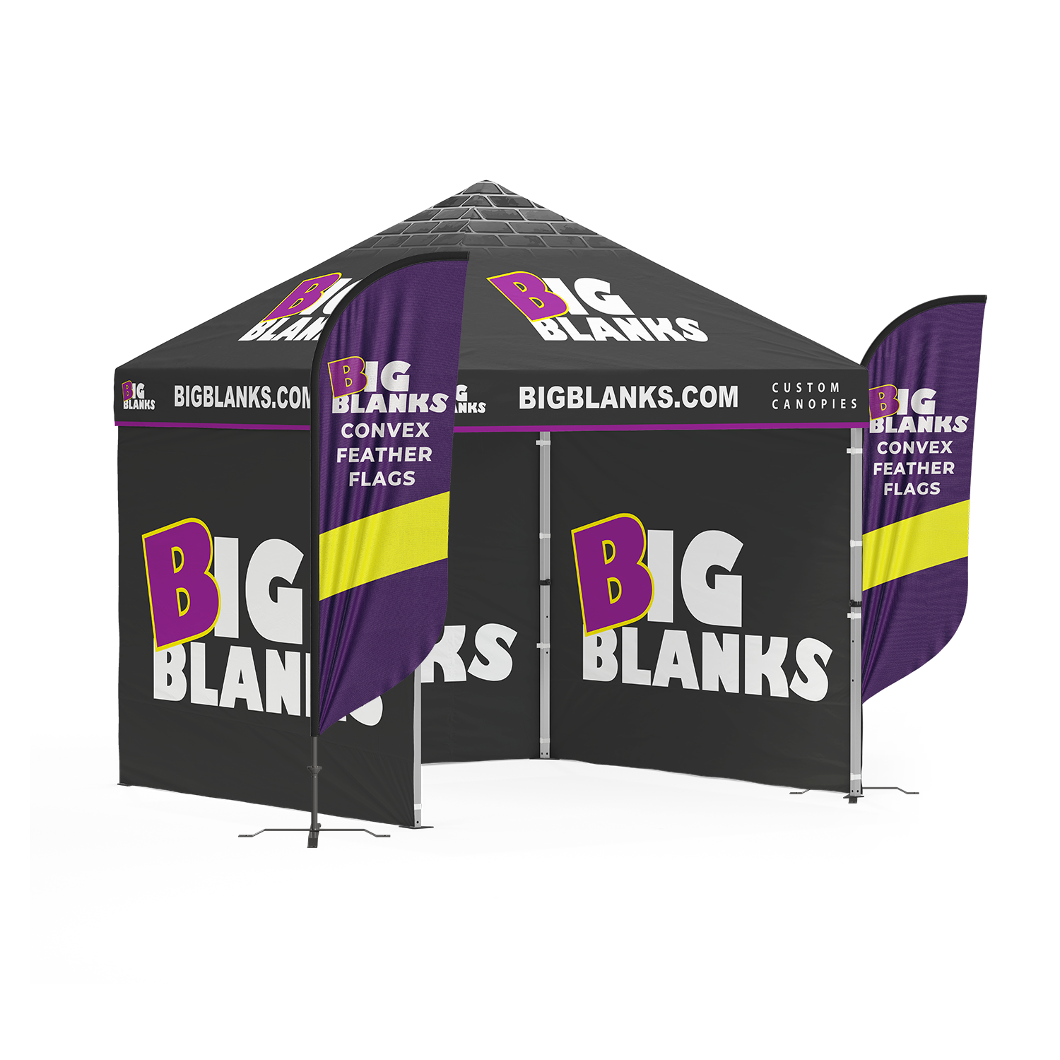 10' x 10' Custom Canopy: 3 Full Walls w/ Feather Flags
