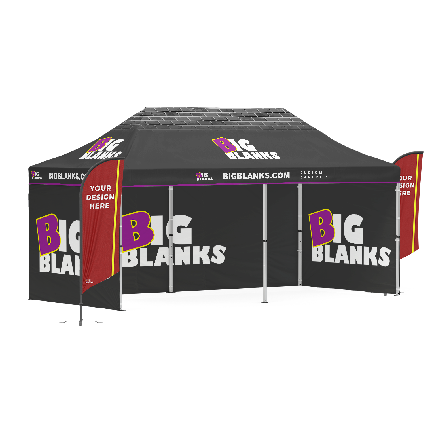 10' x 20' Custom Canopy: 3 Full Walls w/ Feather Flags