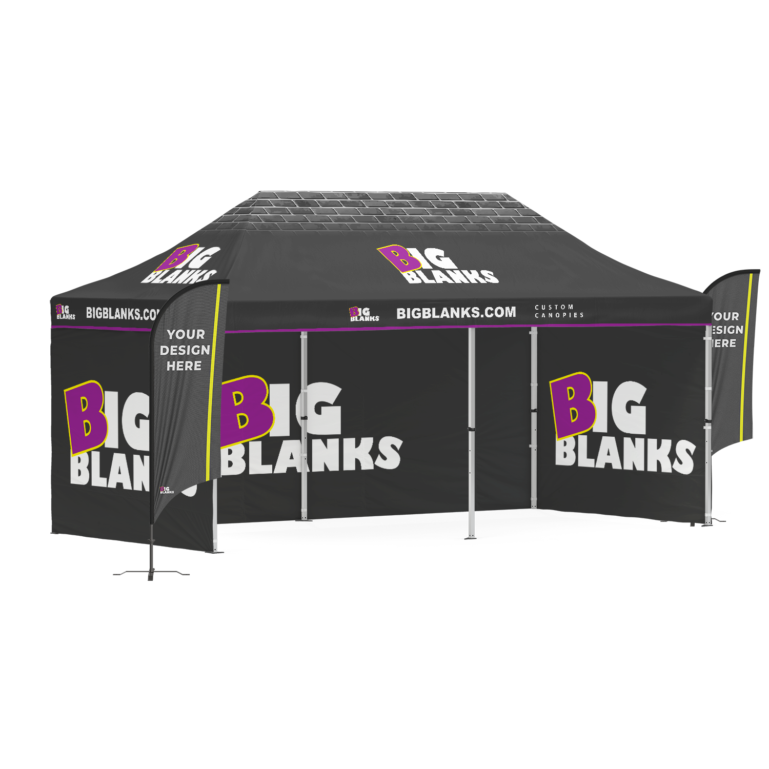 10' x 20' Custom Canopy: 3 Full Walls w/ Feather Flags
