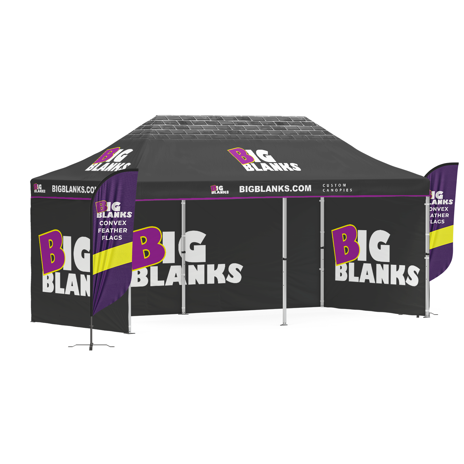 10' x 20' Custom Canopy: 3 Full Walls w/ Feather Flags