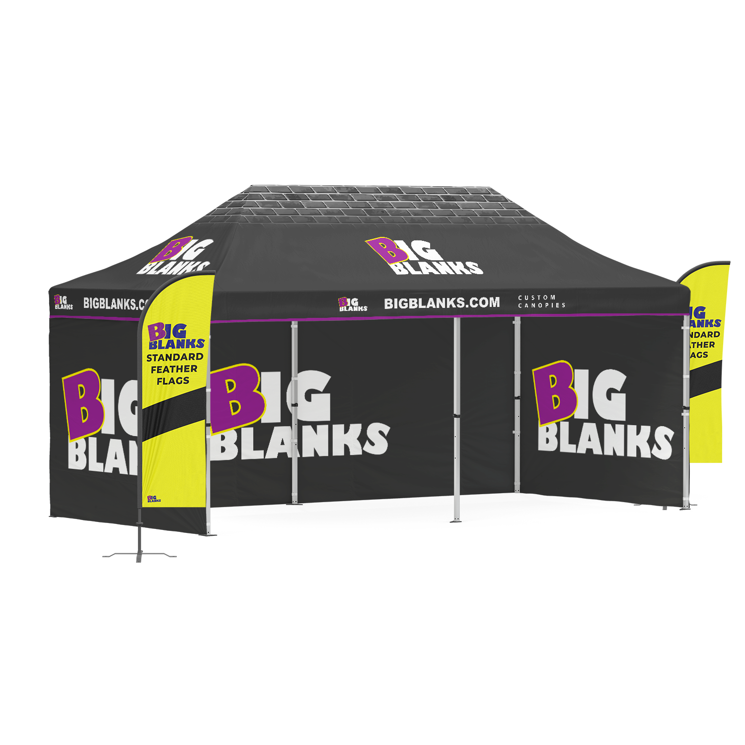 10' x 20' Custom Canopy: 3 Full Walls w/ Feather Flags