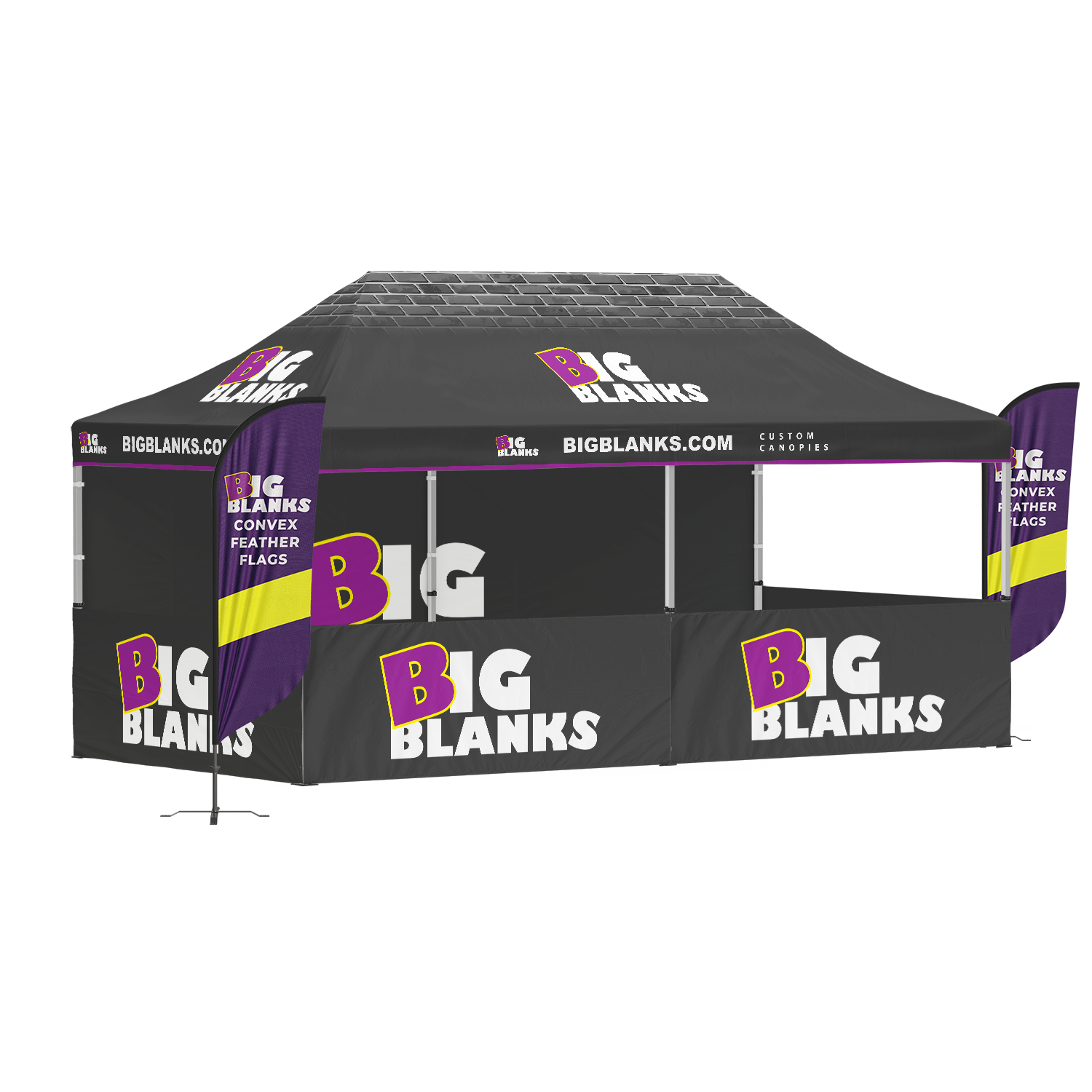 10' x 20' Custom Canopy: Half Enclosed w/ Feather Flags