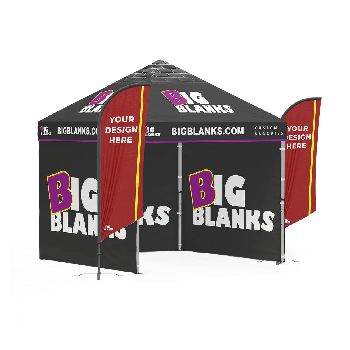 10' x 10' Custom Canopy: 3 Full Walls w/ Feather Flags