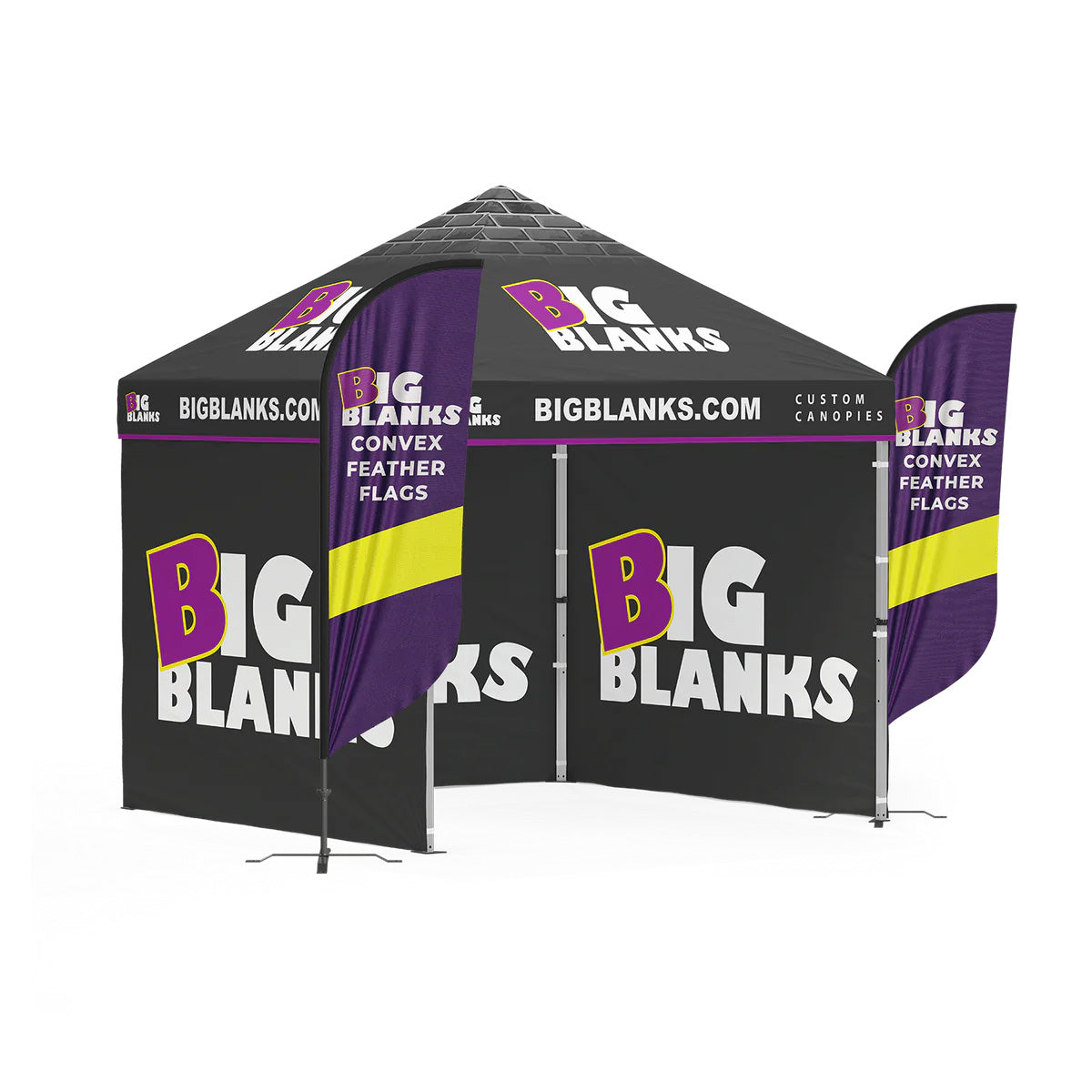 10' x 10' Custom Canopy: 3 Full Walls w/ Feather Flags