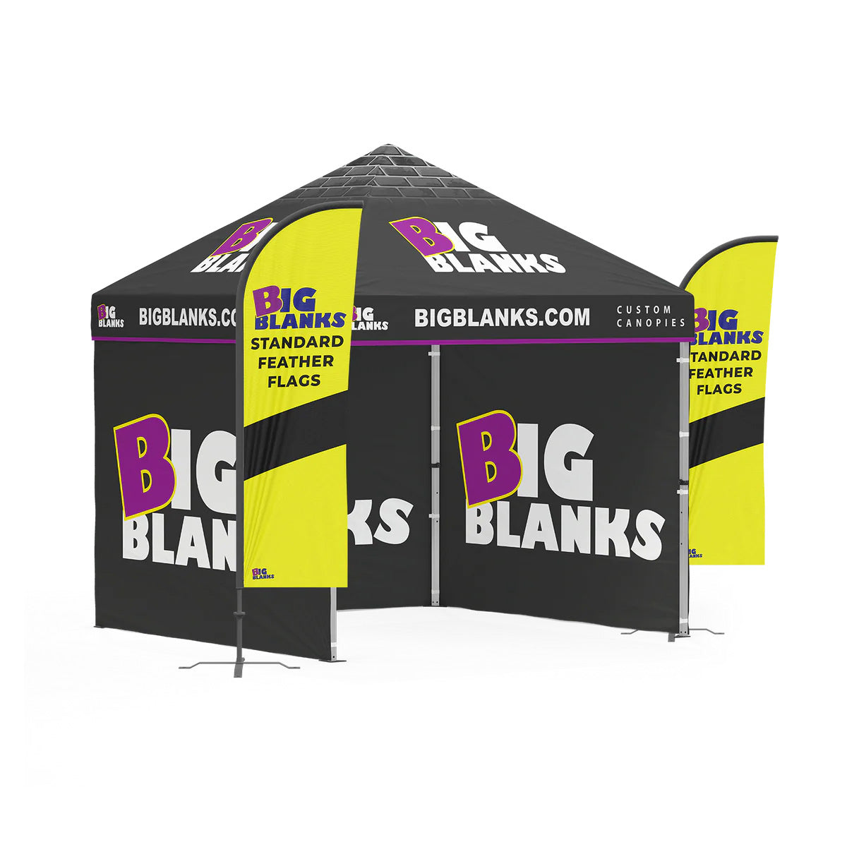 10' x 10' Custom Canopy: 3 Full Walls w/ Feather Flags