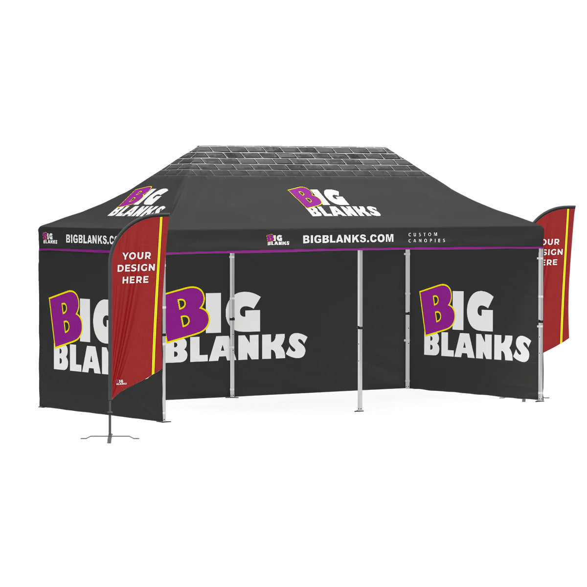 10' x 20' Custom Canopy: 3 Full Walls w/ Feather Flags