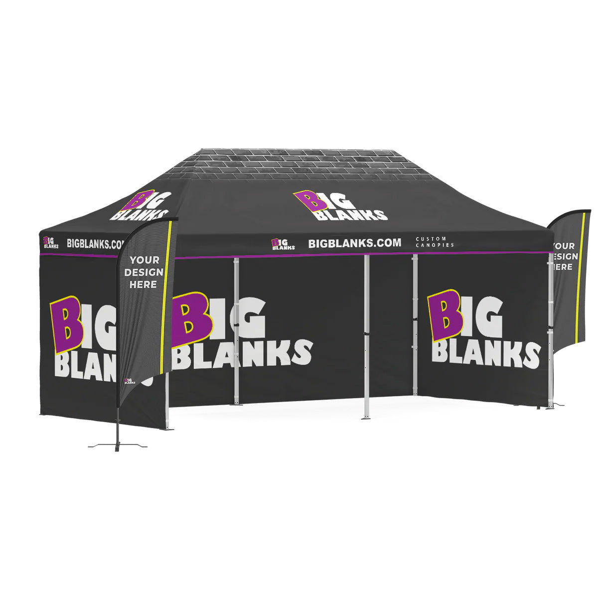 10' x 20' Custom Canopy: 3 Full Walls w/ Feather Flags
