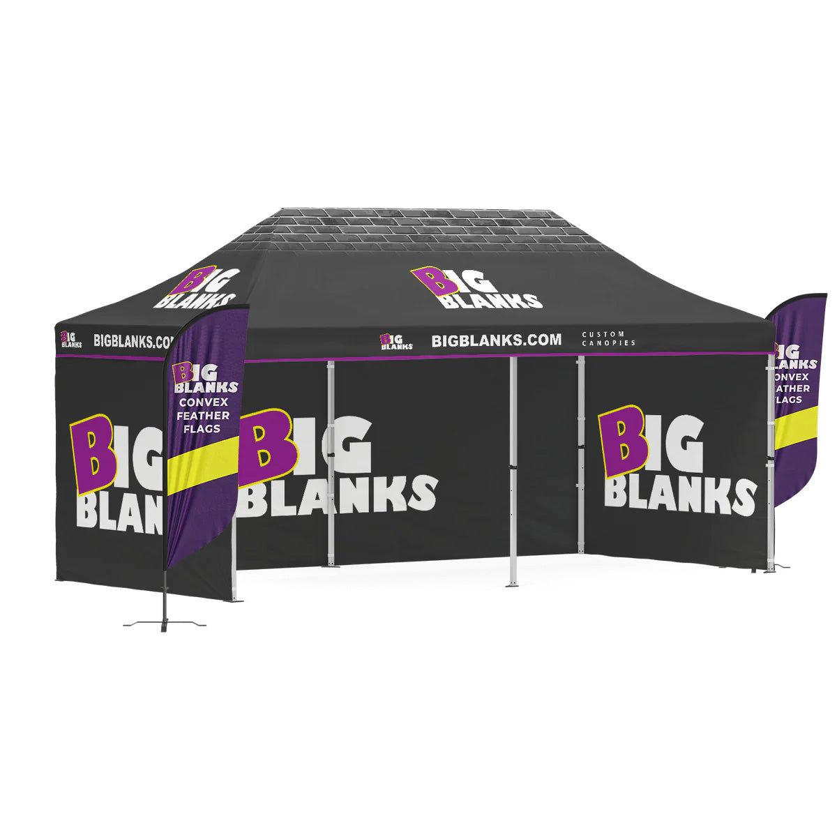 10' x 20' Custom Canopy: 3 Full Walls w/ Feather Flags